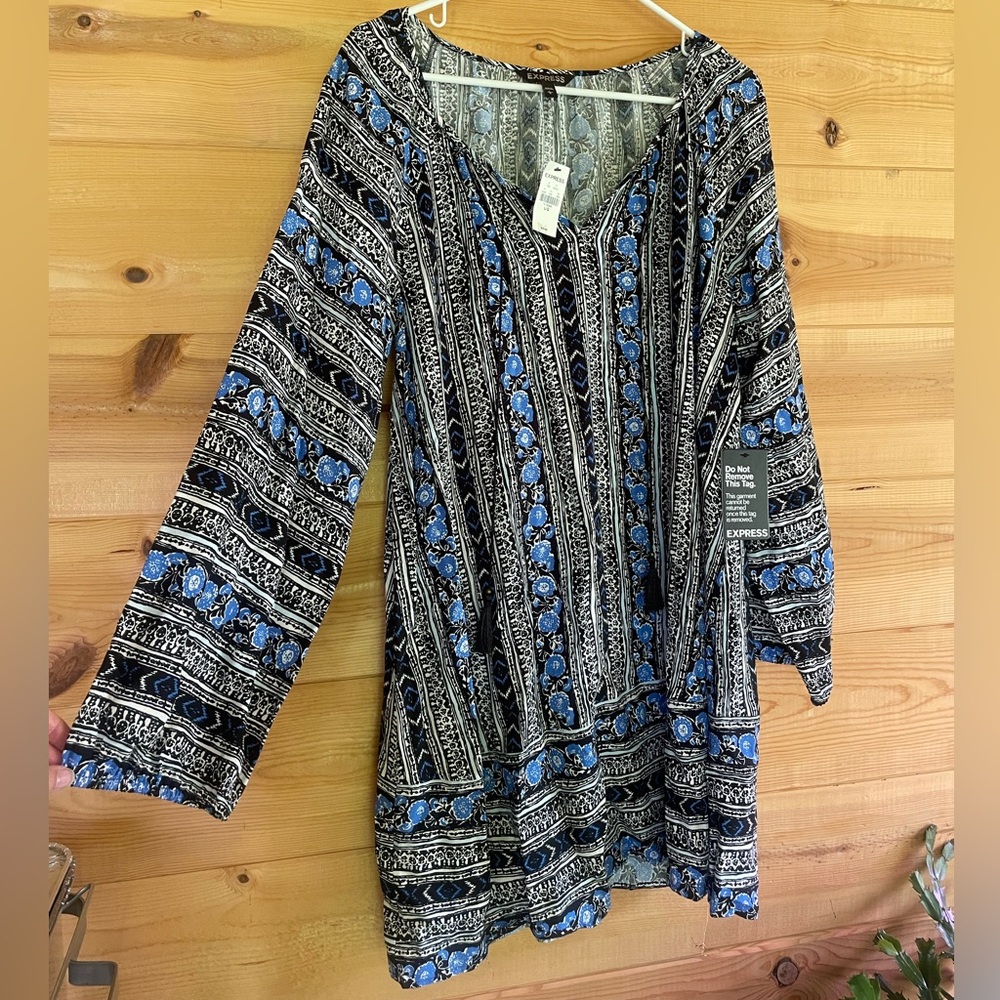 Express Blue and Black Embellished Long Sleeve Tunic
